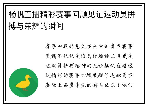 杨帆直播精彩赛事回顾见证运动员拼搏与荣耀的瞬间